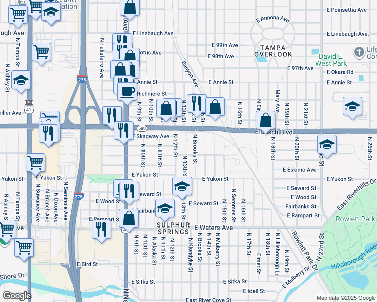 map of restaurants, bars, coffee shops, grocery stores, and more near 8723 North 13th Street in Tampa