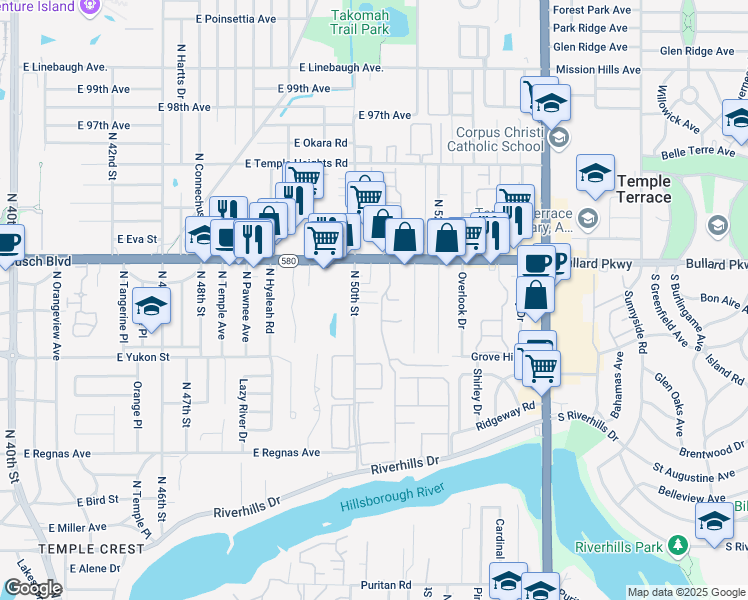 map of restaurants, bars, coffee shops, grocery stores, and more near 8725 North 50th Street in Tampa