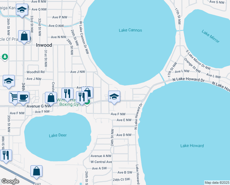 map of restaurants, bars, coffee shops, grocery stores, and more near 2300 West Cannon Terrace Northwest in Winter Haven