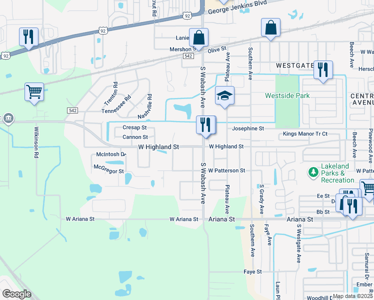 map of restaurants, bars, coffee shops, grocery stores, and more near 2302 West Highland Street in Lakeland