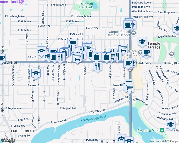 map of restaurants, bars, coffee shops, grocery stores, and more near 8725 North 50th Street in Tampa
