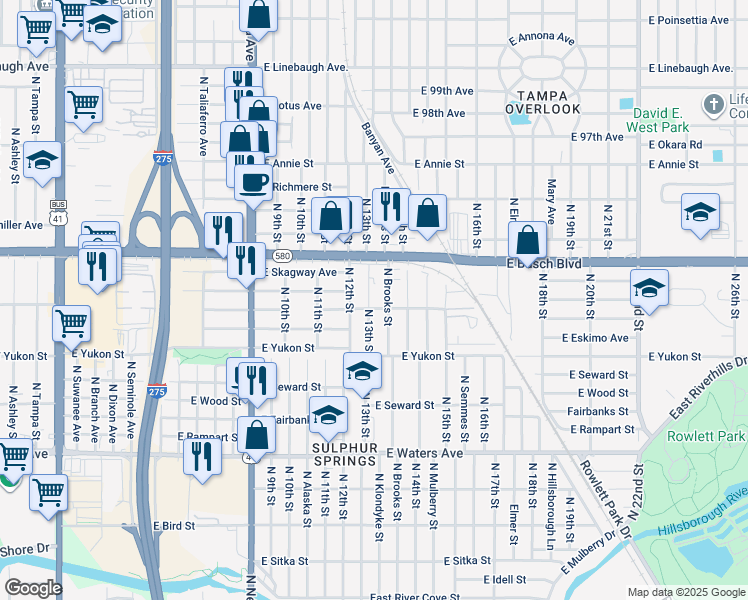 map of restaurants, bars, coffee shops, grocery stores, and more near 8723 North 13th Street in Tampa