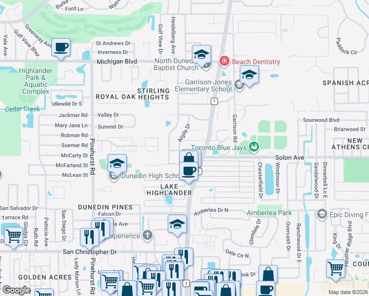 map of restaurants, bars, coffee shops, grocery stores, and more near 1515 Fife Court in Dunedin