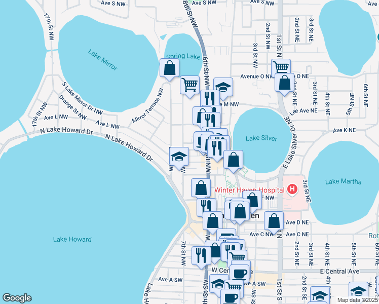 map of restaurants, bars, coffee shops, grocery stores, and more near 664 Avenue J Northwest in Winter Haven