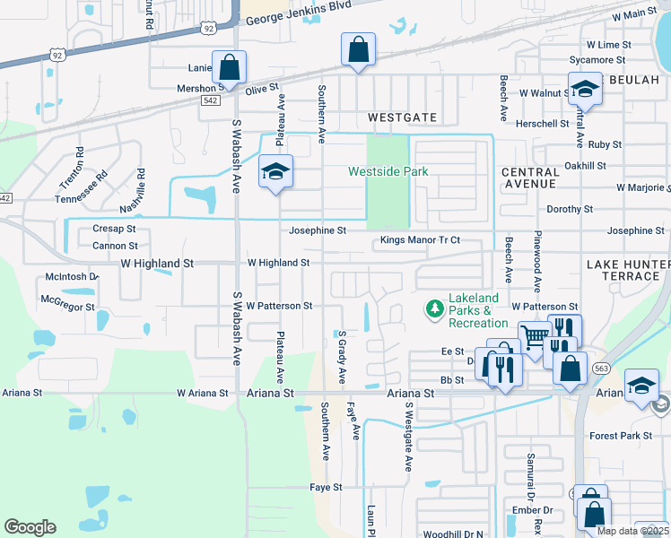 map of restaurants, bars, coffee shops, grocery stores, and more near 1735 Poppy Circle in Lakeland