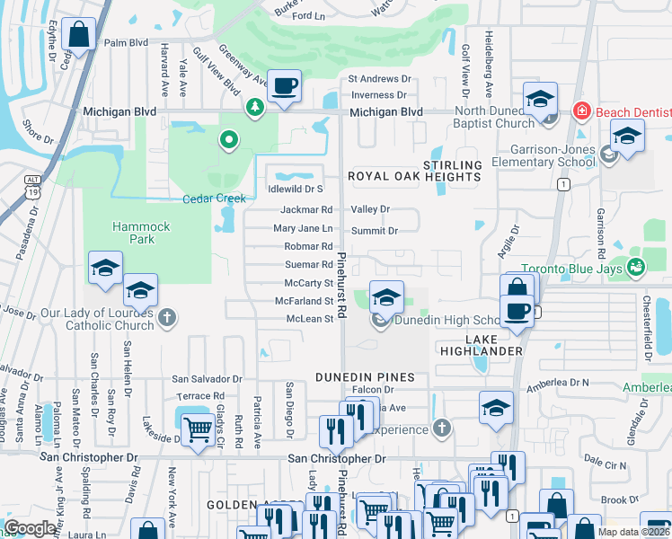 map of restaurants, bars, coffee shops, grocery stores, and more near 1171 McCarty Street in Dunedin