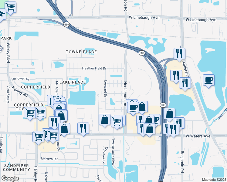 map of restaurants, bars, coffee shops, grocery stores, and more near 8704 Cordial Court in Tampa
