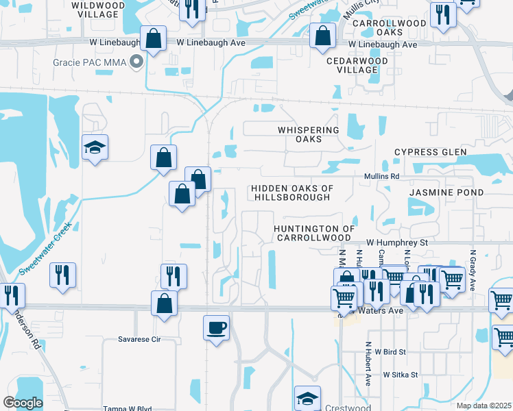 map of restaurants, bars, coffee shops, grocery stores, and more near 4631 Hidden Shadow Drive in Tampa