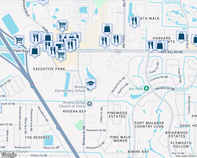 map of restaurants, bars, coffee shops, grocery stores, and more near 1455 Malibu Circle Northeast in Palm Bay