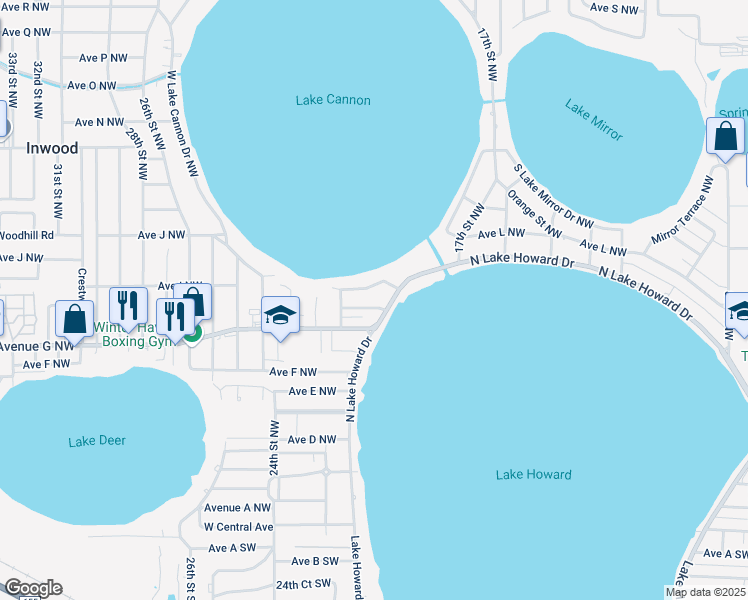 map of restaurants, bars, coffee shops, grocery stores, and more near 775 North Lake Howard Drive in Winter Haven