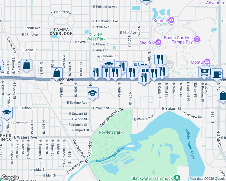 map of restaurants, bars, coffee shops, grocery stores, and more near 2529 East Stanley Matthew Circle in Tampa