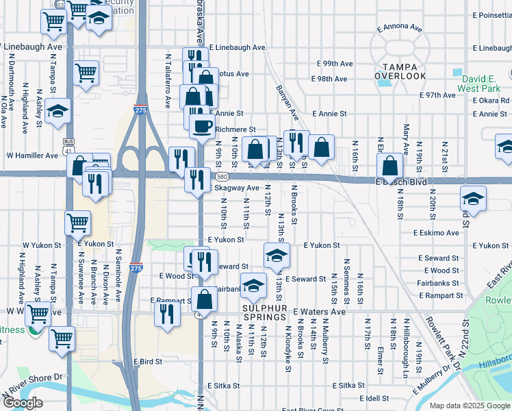 map of restaurants, bars, coffee shops, grocery stores, and more near 1113 East Humphrey Street in Tampa