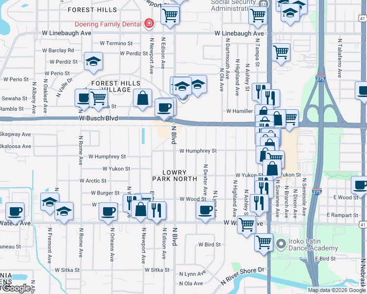 map of restaurants, bars, coffee shops, grocery stores, and more near 8720 North Hamner Avenue in Tampa