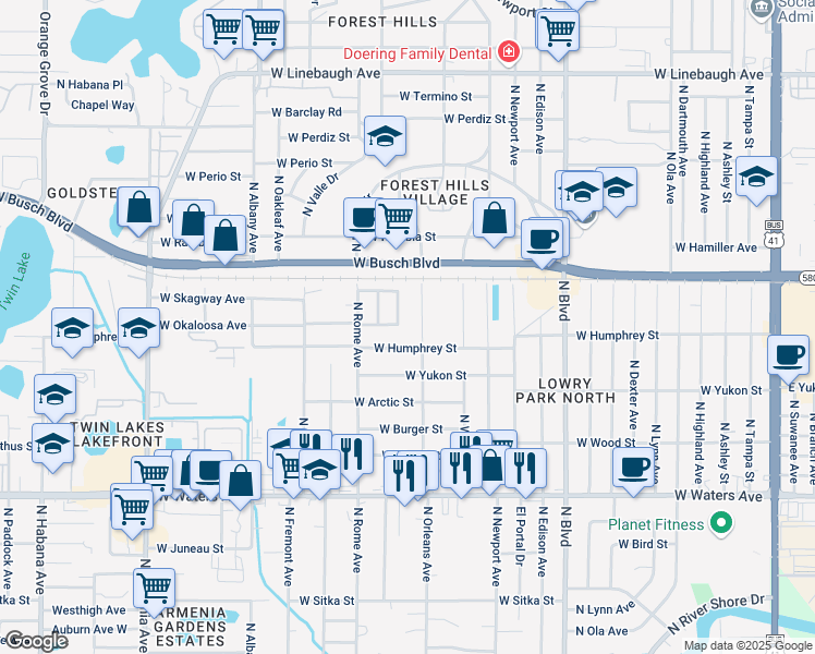 map of restaurants, bars, coffee shops, grocery stores, and more near 1413 West Humphrey Street in Tampa