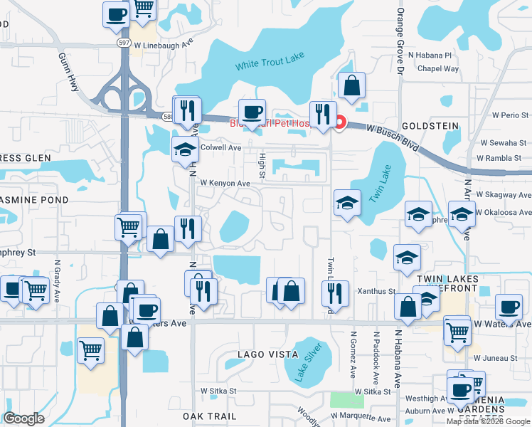 map of restaurants, bars, coffee shops, grocery stores, and more near 8678 Molokai Court in Tampa