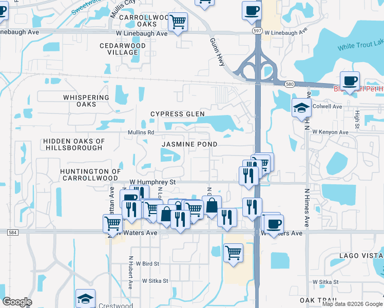 map of restaurants, bars, coffee shops, grocery stores, and more near 8612 Blossom Avenue in Tampa