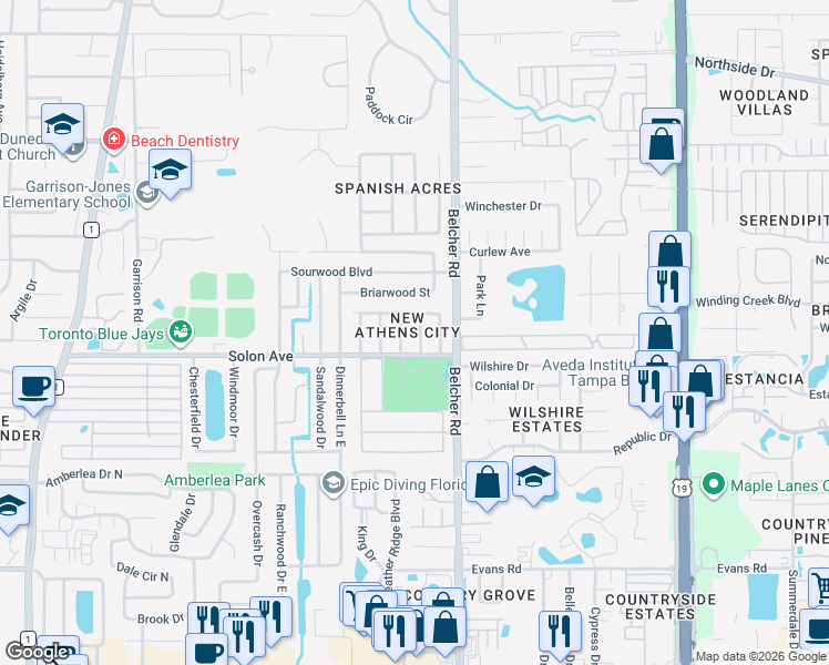 map of restaurants, bars, coffee shops, grocery stores, and more near 302 Archimedes Street in Dunedin