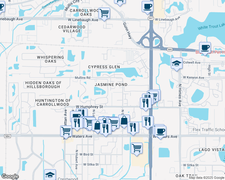 map of restaurants, bars, coffee shops, grocery stores, and more near 8612 Blossom Avenue in Tampa