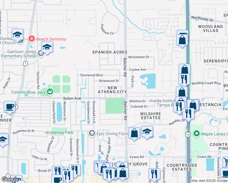 map of restaurants, bars, coffee shops, grocery stores, and more near 302 Archimedes Street in Dunedin