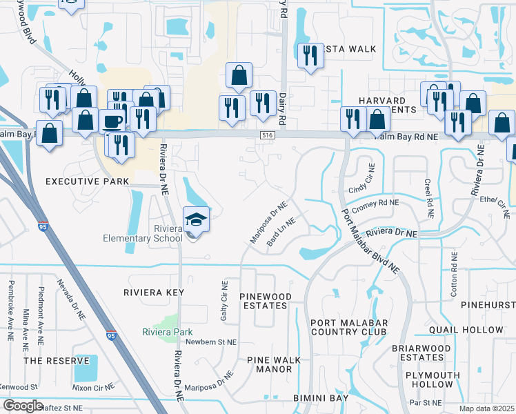 map of restaurants, bars, coffee shops, grocery stores, and more near 1010 Abada Court Northeast in Palm Bay