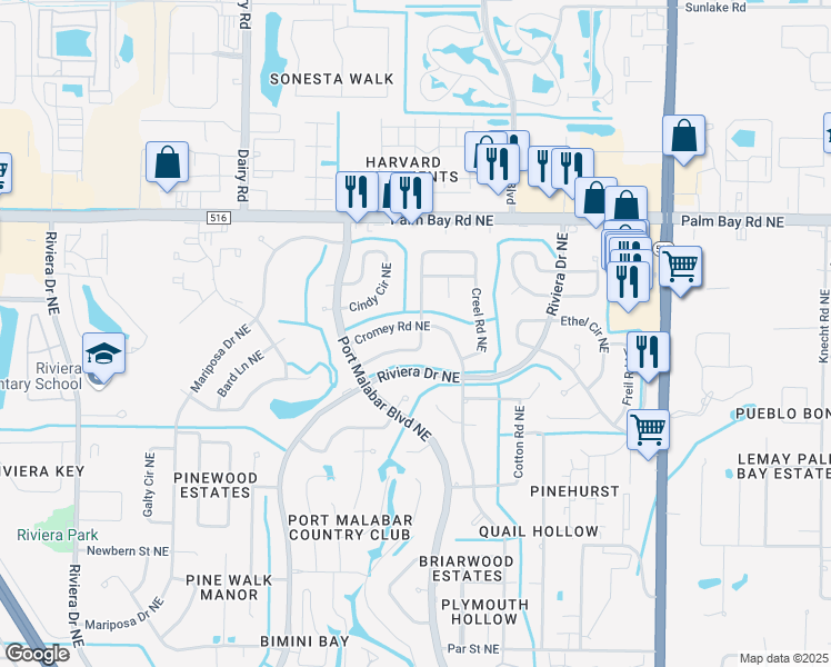 map of restaurants, bars, coffee shops, grocery stores, and more near 1348 Cromey Road Northeast in Palm Bay
