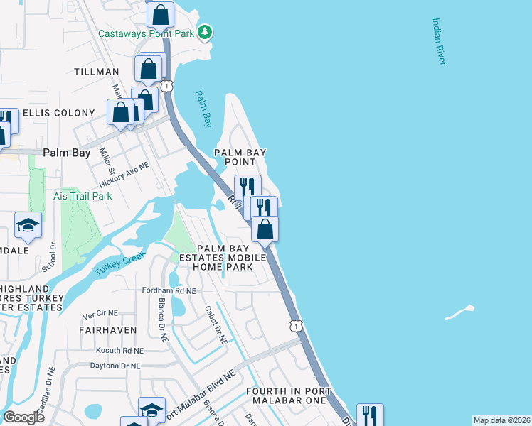 map of restaurants, bars, coffee shops, grocery stores, and more near 4435 Dixie Highway Northeast in Palm Bay