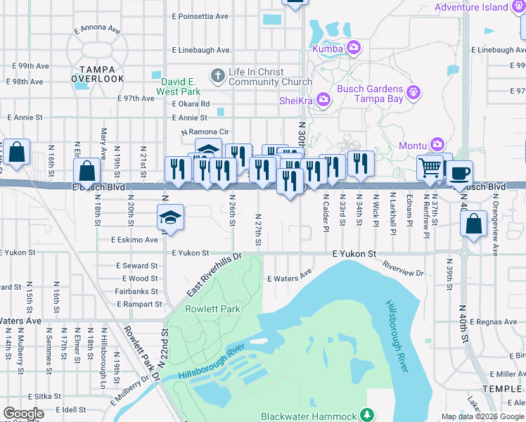 map of restaurants, bars, coffee shops, grocery stores, and more near 8713 North Linda Court in Tampa