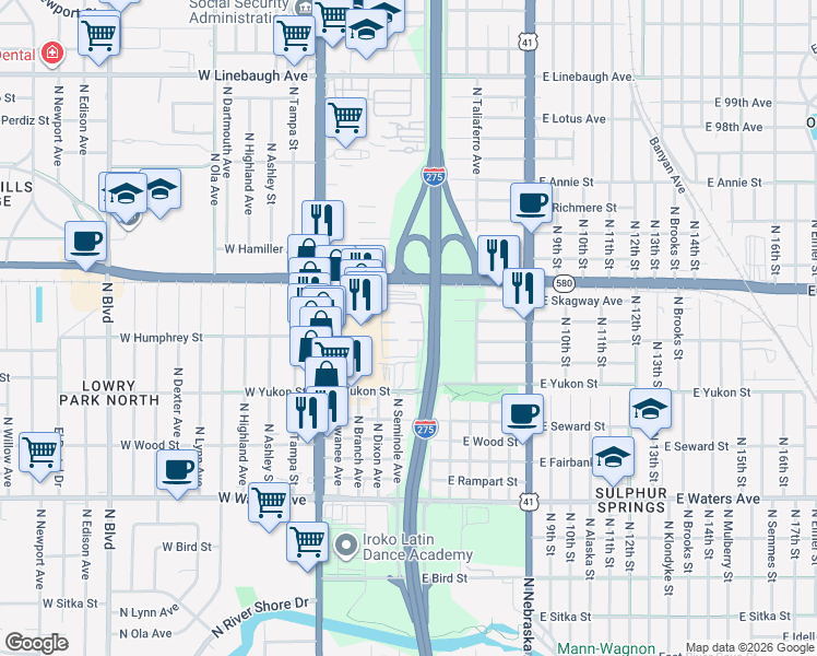 map of restaurants, bars, coffee shops, grocery stores, and more near 303 Wellington Court in Tampa