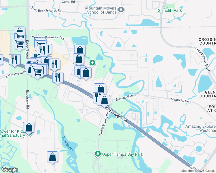 map of restaurants, bars, coffee shops, grocery stores, and more near 13025 Memorial Highway in Tampa