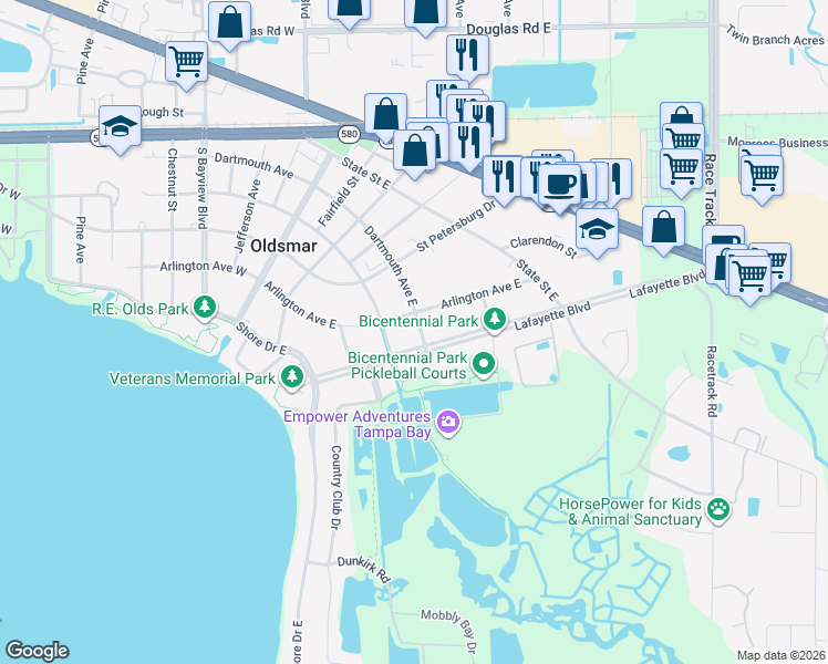 map of restaurants, bars, coffee shops, grocery stores, and more near 545 Lafayette Boulevard in Oldsmar