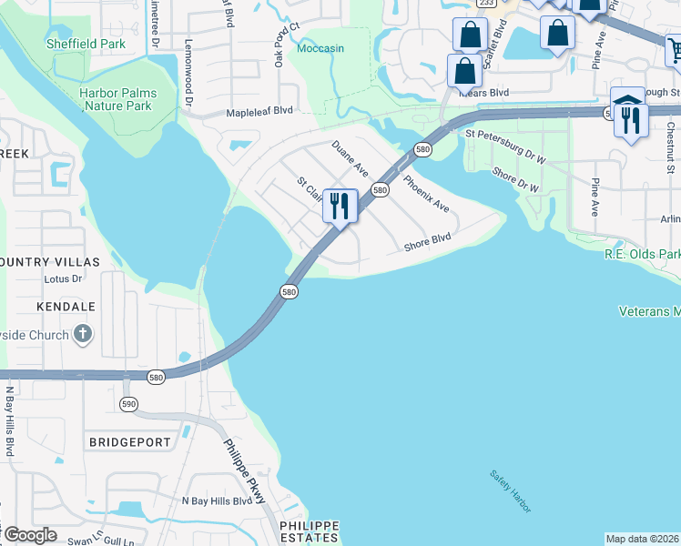 map of restaurants, bars, coffee shops, grocery stores, and more near 3693 Shore Boulevard in Oldsmar