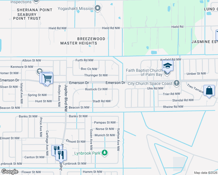 map of restaurants, bars, coffee shops, grocery stores, and more near 709 Rostock Circle Northwest in Palm Bay