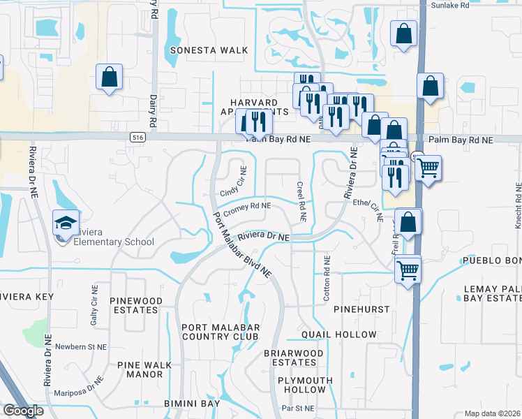 map of restaurants, bars, coffee shops, grocery stores, and more near 1348 Cromey Road Northeast in Palm Bay