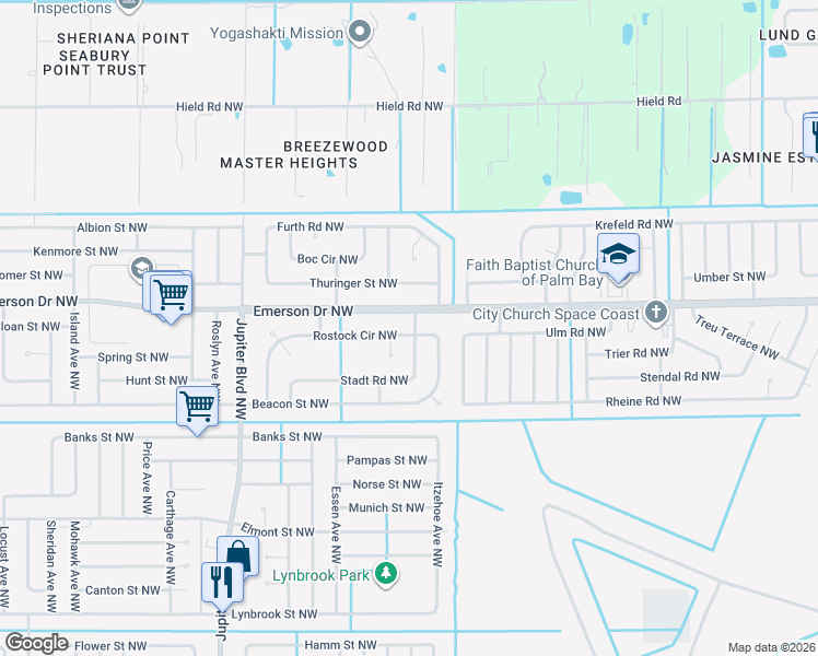 map of restaurants, bars, coffee shops, grocery stores, and more near 281 Emerson Drive Northwest in Palm Bay