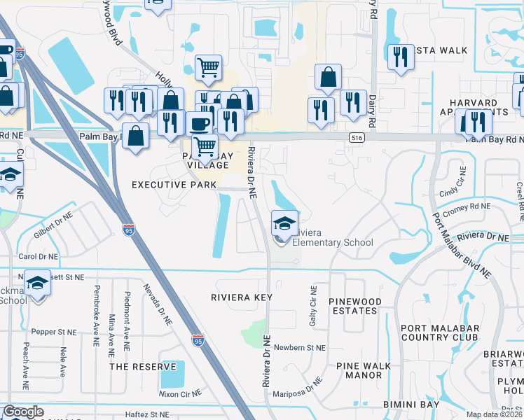 map of restaurants, bars, coffee shops, grocery stores, and more near 1425 Malibu Circle Northeast in Palm Bay