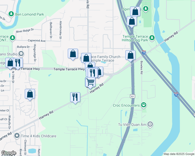 map of restaurants, bars, coffee shops, grocery stores, and more near 8775 Temple Terrace Highway in Tampa