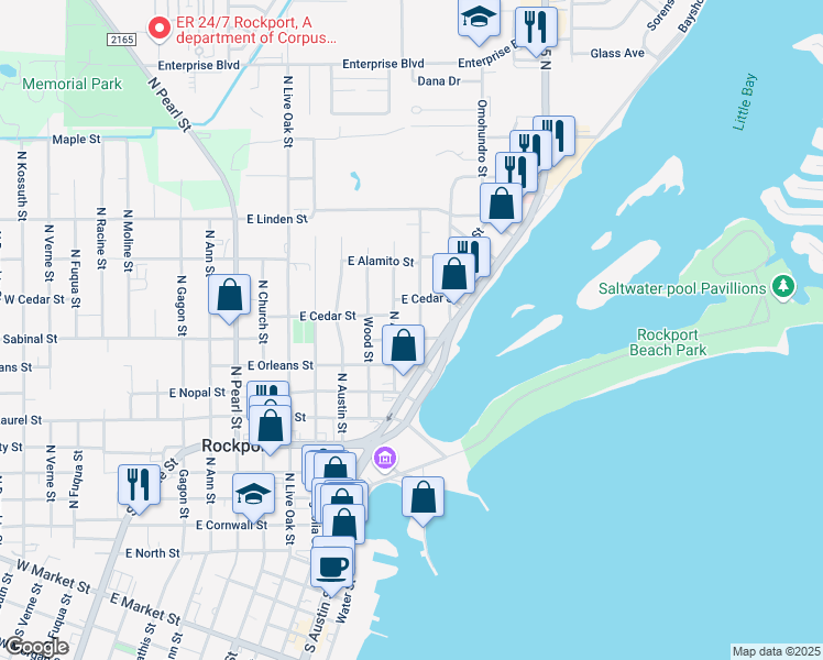 map of restaurants, bars, coffee shops, grocery stores, and more near 925 Lady Claire Street in Rockport