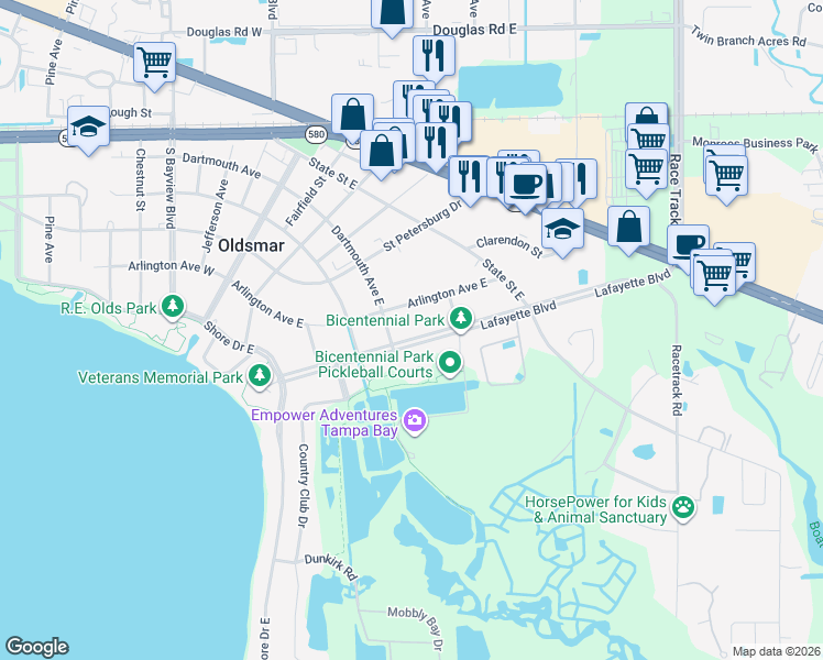 map of restaurants, bars, coffee shops, grocery stores, and more near 438 Lafayette Boulevard in Oldsmar