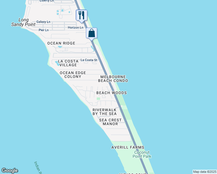 map of restaurants, bars, coffee shops, grocery stores, and more near 3191 Ricks Way in Melbourne Beach