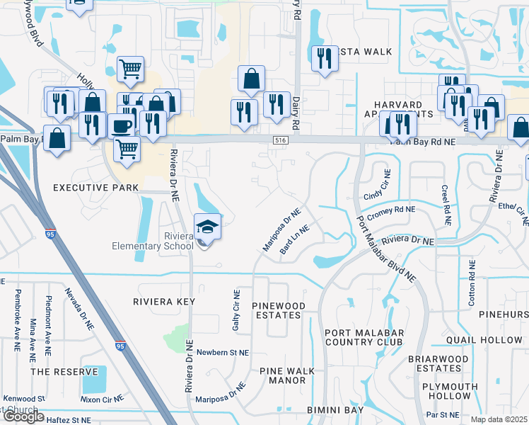 map of restaurants, bars, coffee shops, grocery stores, and more near 1030 Abada Court Northeast in Palm Bay