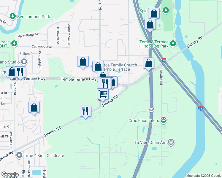 map of restaurants, bars, coffee shops, grocery stores, and more near 8805 Old Temple Terrace Highway in Tampa