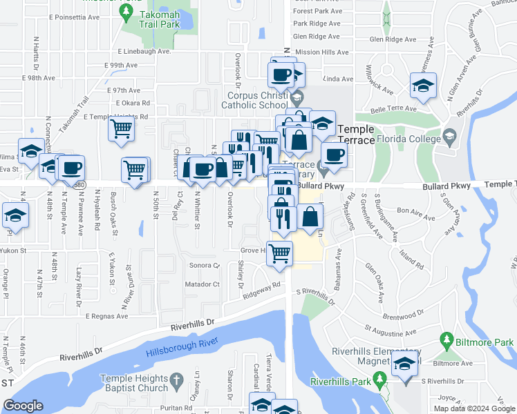 map of restaurants, bars, coffee shops, grocery stores, and more near 5411 East Busch Boulevard in Temple Terrace