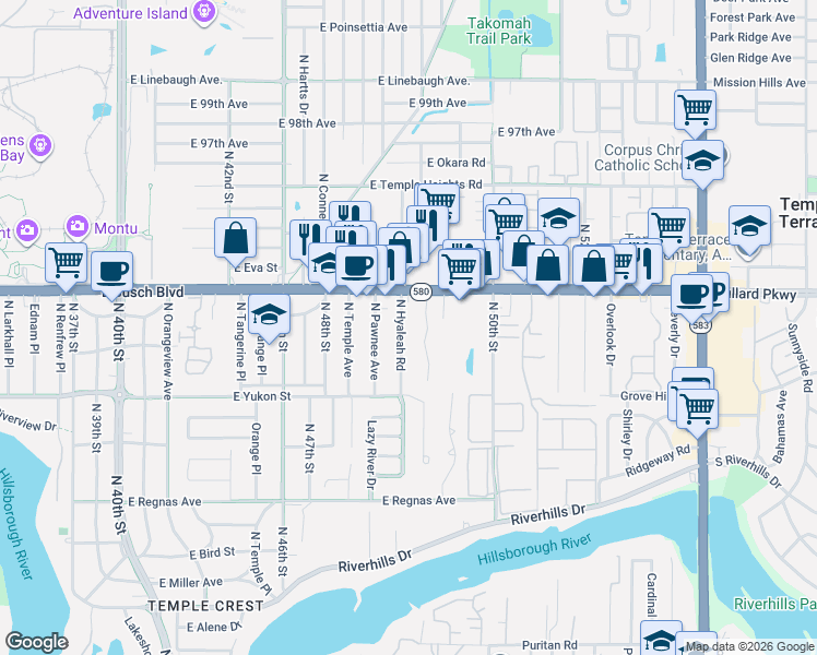 map of restaurants, bars, coffee shops, grocery stores, and more near 8736 North Hyaleah Road in Tampa