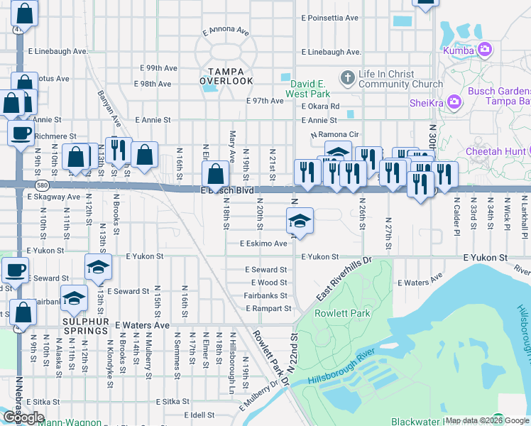 map of restaurants, bars, coffee shops, grocery stores, and more near 1824 East Skagway Avenue in Tampa