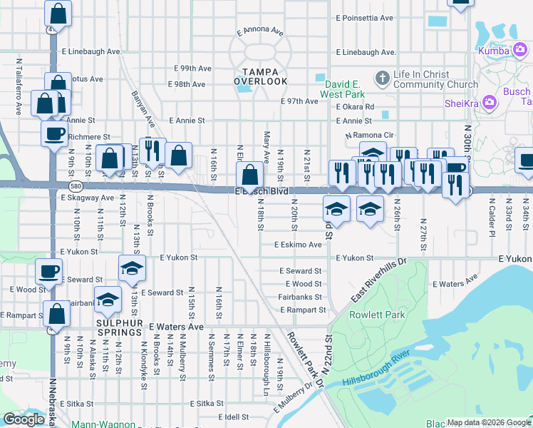 map of restaurants, bars, coffee shops, grocery stores, and more near 1803 East Busch Boulevard in Tampa