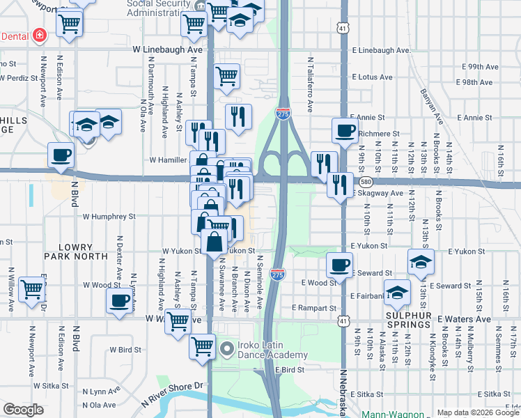 map of restaurants, bars, coffee shops, grocery stores, and more near 9033 Westchester Circle in Tampa