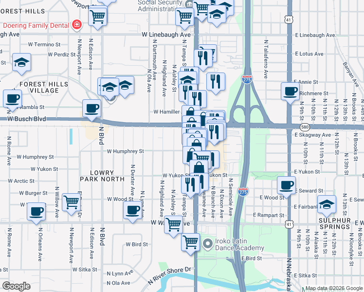 map of restaurants, bars, coffee shops, grocery stores, and more near 8913 North Ashley Street in Tampa