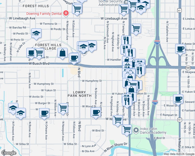 map of restaurants, bars, coffee shops, grocery stores, and more near 8917 North Otis Avenue in Tampa