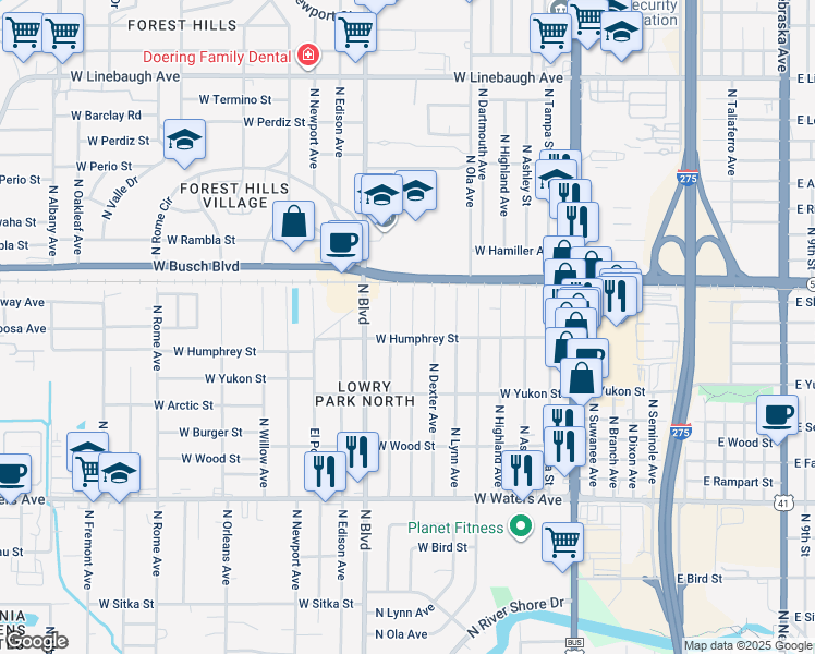 map of restaurants, bars, coffee shops, grocery stores, and more near 8917 North Otis Avenue in Tampa