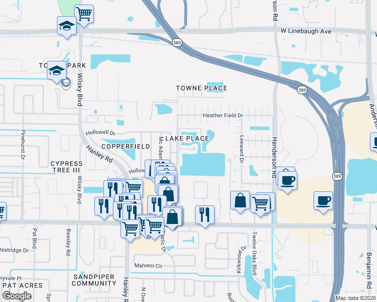map of restaurants, bars, coffee shops, grocery stores, and more near 6908 Lakeview Court in Tampa